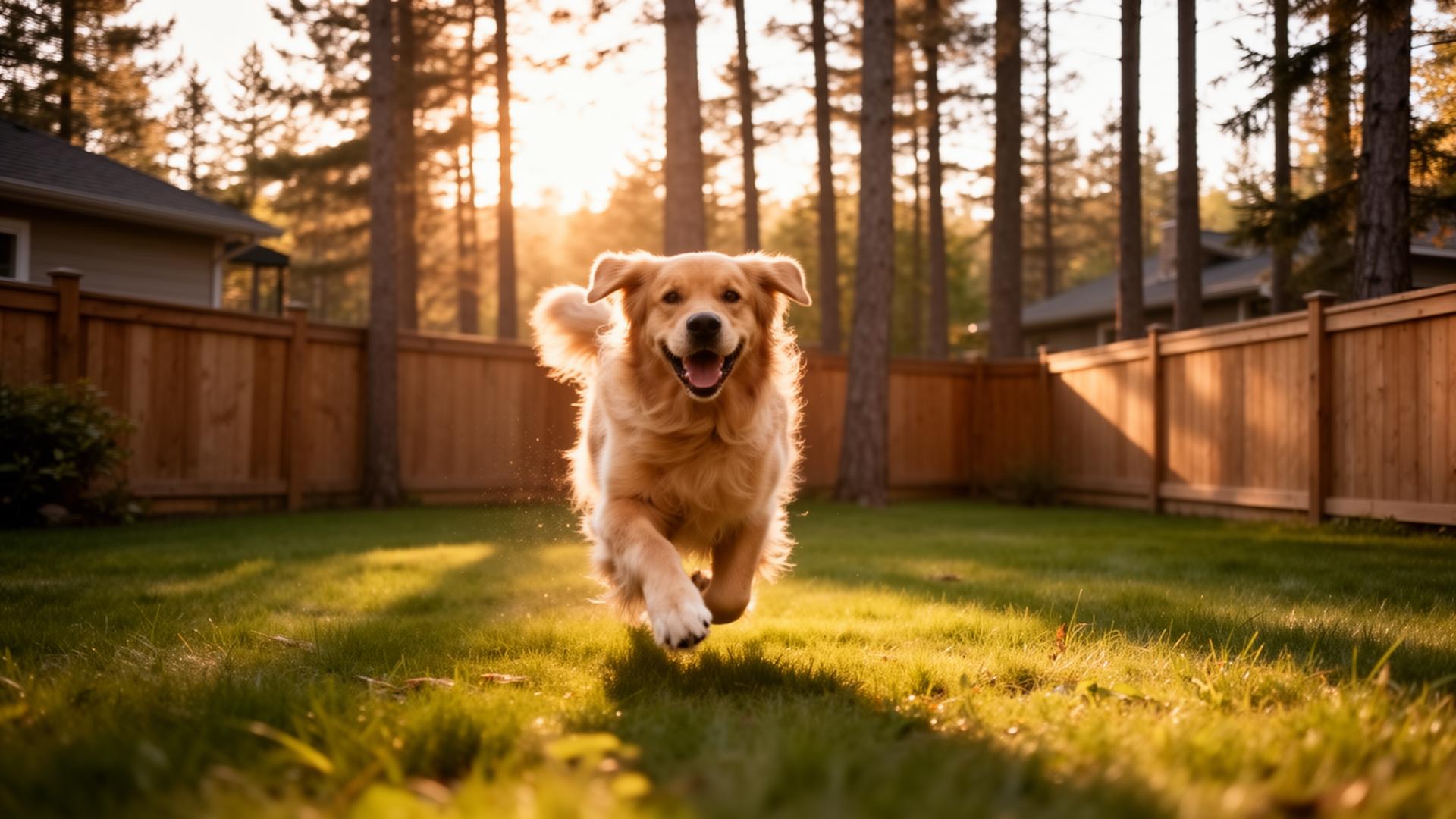 A happy golden retriever running in a private fenced backyard at sunset
