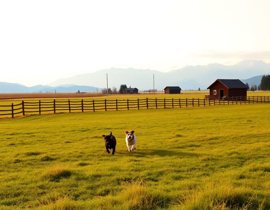 Open farm field with two dogs running
